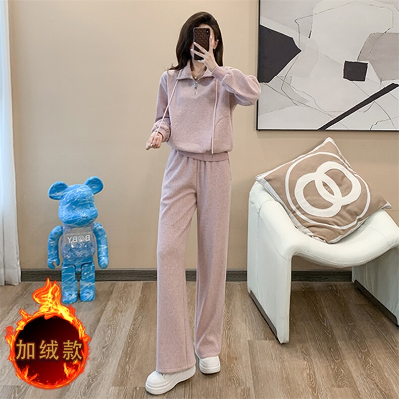 女冬季加绒新款洋气立领卫衣阔腿裤两件套图片