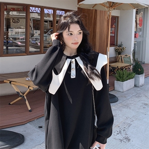 黑色娃娃领卫衣连衣裙春秋女2024新款小个子宽松减龄中长款卫衣裙图片