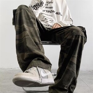 设计直筒排扣迷彩裤美式复古休闲宽松炸街hiphop工装裤1539-p52