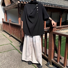 夏季港风纯白色排扣短袖t恤男潮ins宽松日系半袖体恤，男装T恤，星座716-3