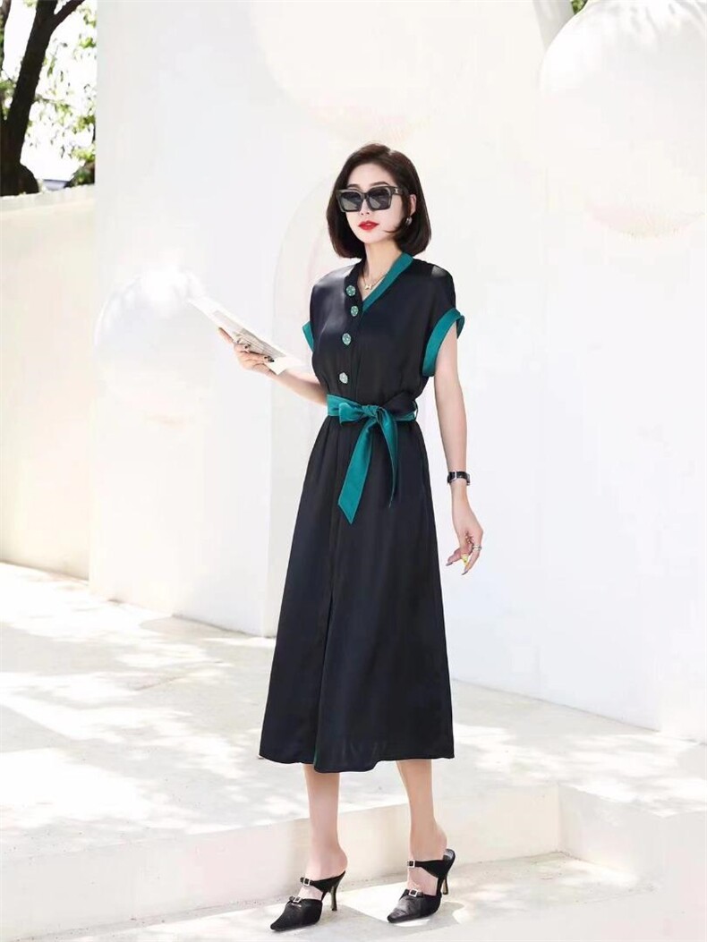 现货，撞色仿醋酸连衣裙，女装连衣裙，迪蔓君翔