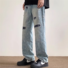 美式腰果花高街破洞牛仔裤男款水洗做旧微喇长裤KA7115-P53，男装牛仔裤，星座208-5
