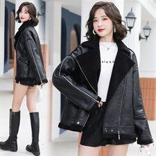 2021秋冬新款仿羊羔毛皮毛一体女机车皮衣外套中长款，女装皮衣，江南女神