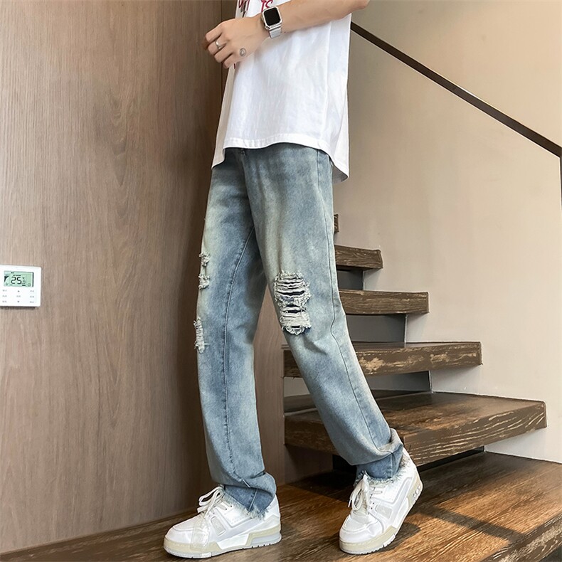 美式复古牛仔裤男破洞设计感裤子美式高街直筒微喇裤N7269-P45,男装牛仔裤,星座308B-2
