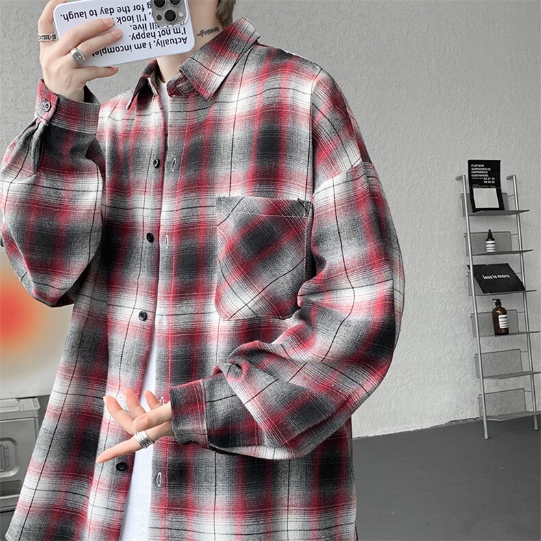 衬衫男秋季新款港风宽松大码磨毛格子长袖衬衣CS131-特P28,男装衬衫,星座214-3