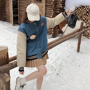 雪景 牛仔加棉棒球服外套（玩偶可拆卸）显瘦百搭时尚图片
