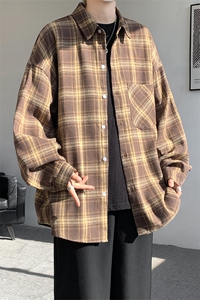 衬衫男春季新款港风宽松磨毛大码格子长袖衬衣CS601-特P27图片