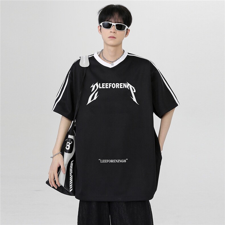 美式复古学生黑白拼接条杠宽松百搭休闲短袖T恤上衣T恤T375-P38，男装Polo衫，电商C307