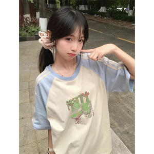 抖音得物品质二开240克宽松纯棉美式潮牌插肩三杠织带短袖T恤图片