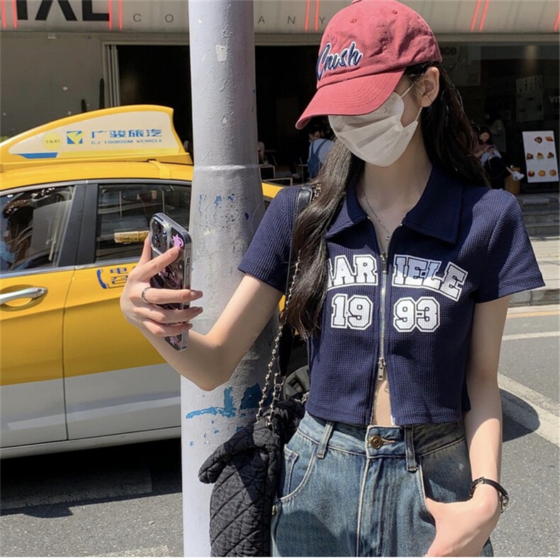 ZT6013-P40短款正肩开衫华夫格上衣女夏季辣妹显瘦T恤POLO衫,女装T恤,电商B245