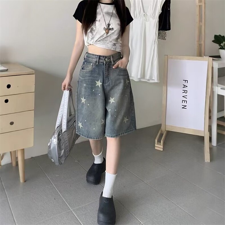 300斤大码胖mm星星牛仔短裤女夏季新款梨形身材显瘦阔腿五分裤子,男装牛仔裤,星座1210-1