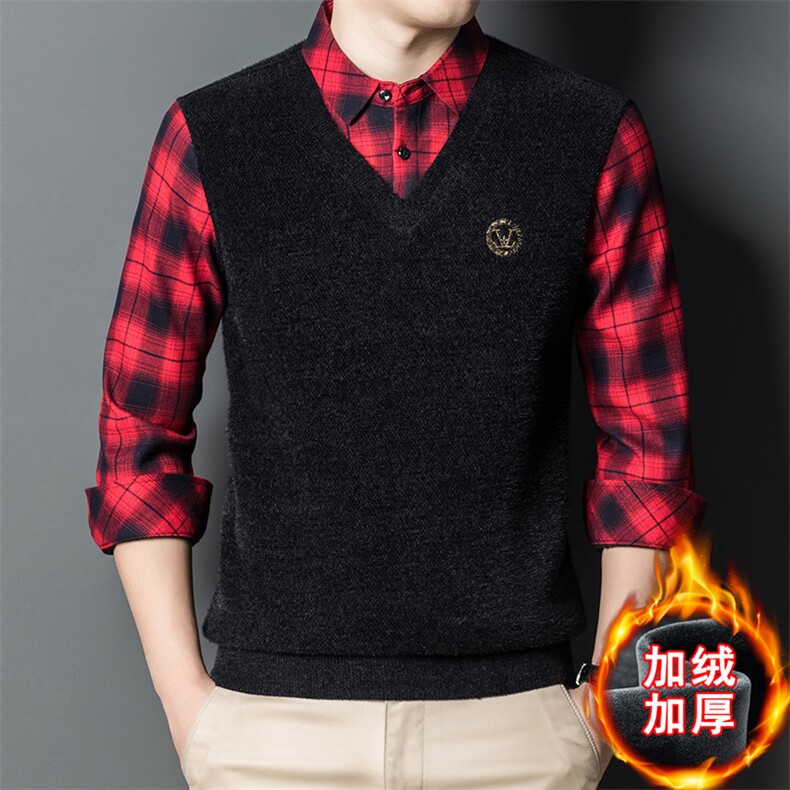 新款冬装加绒卫衣中青年男休闲套头假两件打底衫XXLB23306-P110图片