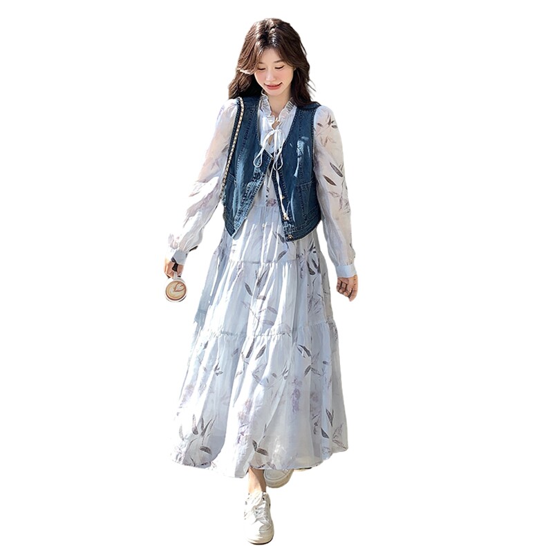 现货-蓝色印花连衣裙+马甲两件套203-8887-P175-K258,女装套装/套裙,浙宝203