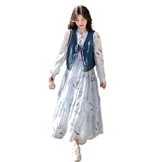 现货-蓝色印花连衣裙+马甲两件套203-8887-P175-K258，女装套装/套裙，浙宝203