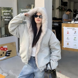 现货高品质美式高街冬季重磅硬挺短款座山雕毛领棉衣男女加厚外套图片