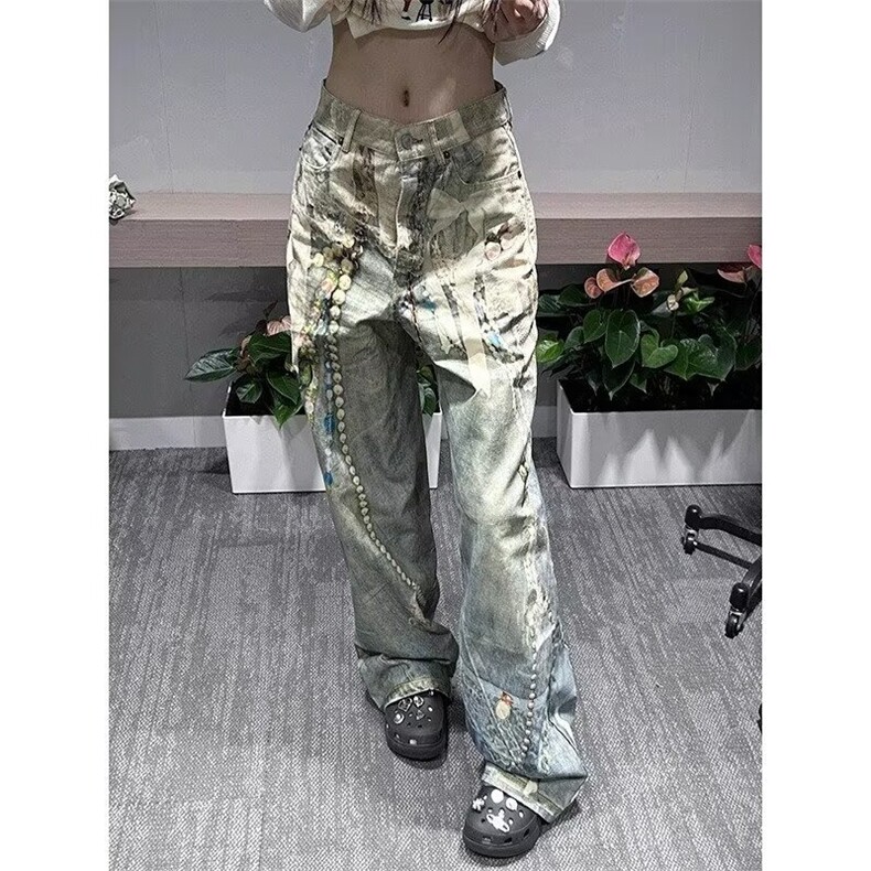 H202-P53美式直筒牛仔裤AC风格年度牛王3D错觉印花链条,男装牛仔裤,电商B323A
