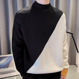 2025秋冬季新款潮流帅气毛绒毛衣男青少年拼色保暖针织秋冬打底衫图片