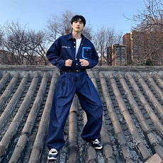 送腰带水洗牛仔连体衣套装班服团服集体服牛仔连体裤，男装休闲套装，星座112A