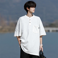8XL-M亨利领亚麻短袖t恤男弹力大码宽松半袖开衩设计体恤DT002P45，男装T恤，电商B312