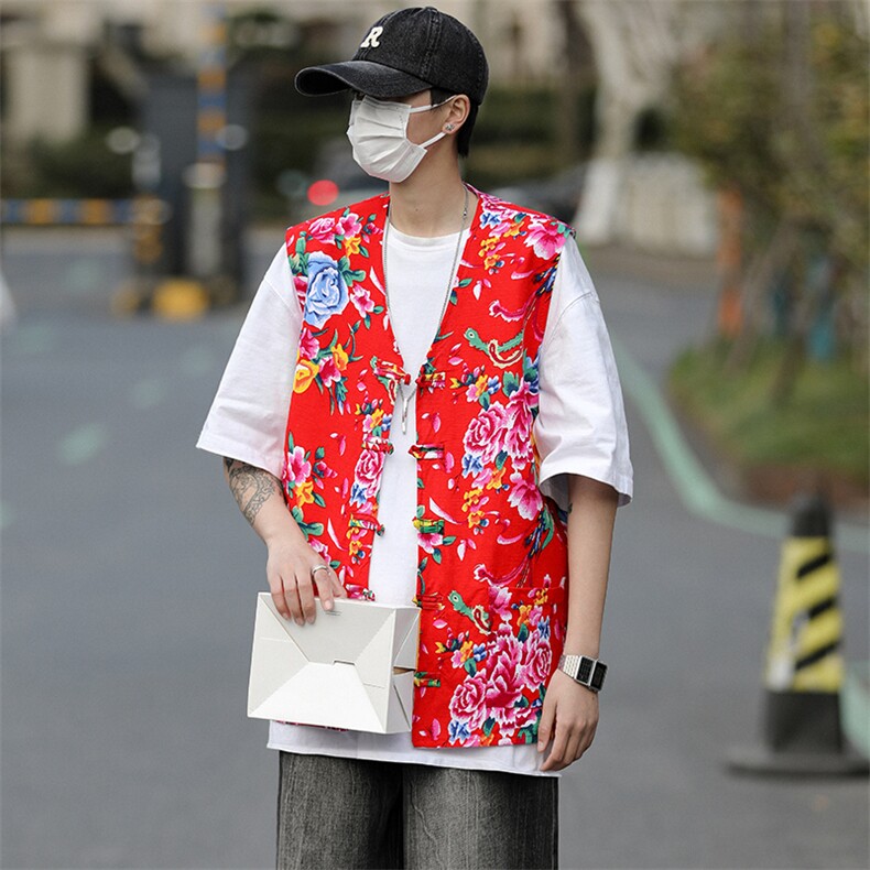 MJ03大花休闲口袋风盘扣马甲大码花坎肩团队服喜庆婚礼服潮男,男装背心/马甲,星座115A(原星座507）