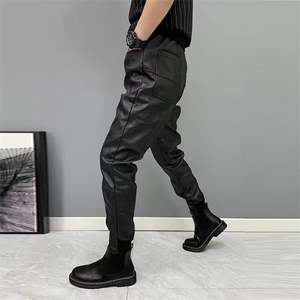 2025秋季新款男士小脚休闲皮裤九分裤修身弹力纯色束脚哈伦裤图片