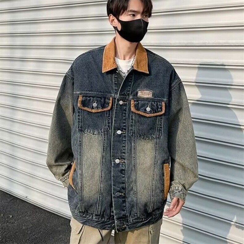 牛仔美式复古做旧水洗拼接青少年牛仔外套男春秋季新款3573/P80,男装工装外套,星座506