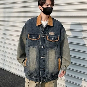 牛仔美式复古做旧水洗拼接青少年牛仔外套男春秋季新款3573/P80图片