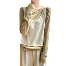 2025秋冬新款设计感假两件打底衫女条纹长袖针织T恤休闲圆领上衣，女装针织衫/毛衣，圣丽羊绒