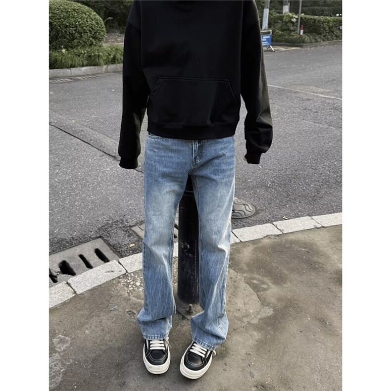 美式水洗闪电纹牛仔裤男款潮牌宽松直筒裤子N5017-P50图片