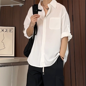 黑色冰丝七分袖衬衫男夏季薄款凉感透气短袖衬衣痞帅高级感薄外套图片
