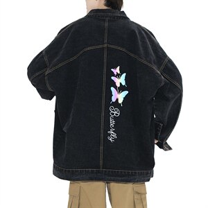 2021秋季新日系大码男镭射炫彩蝴蝶反光印花牛仔夹克外套NJ126P70图片