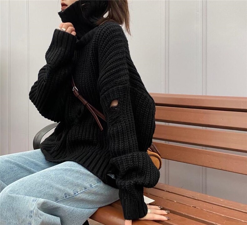 高领破洞毛衣，女装针织衫/毛衣，SMOOTH