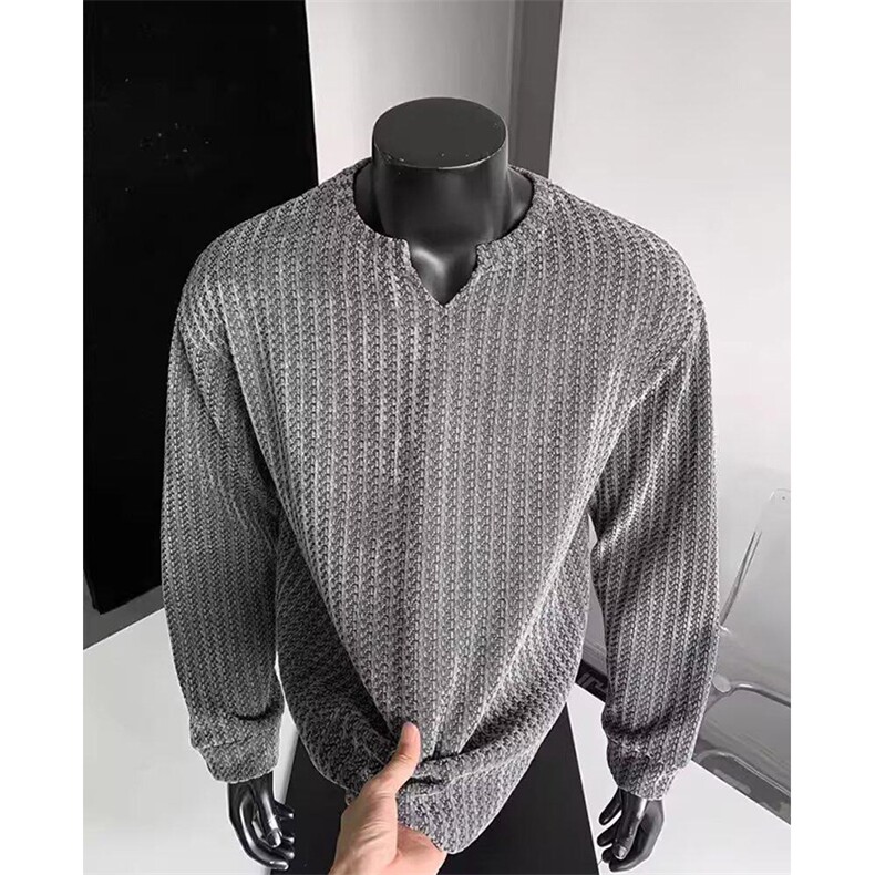 美式高街千鸟格子长袖T恤男女亨利V领英伦雅痞休闲宽松长袖打底衫，男装T恤，电商A486