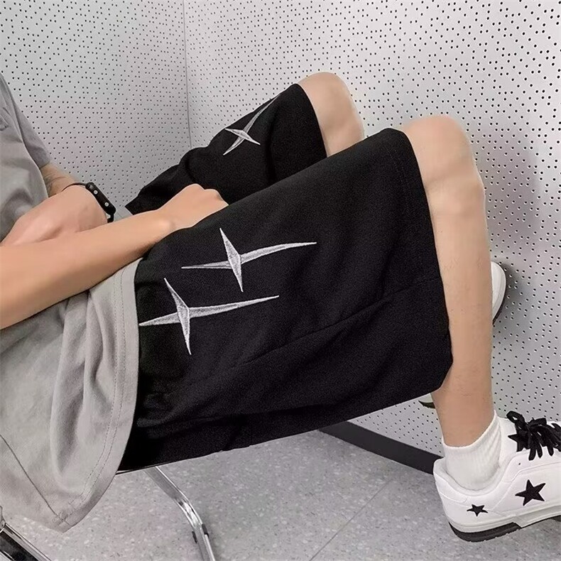 高街十字刺绣短裤男生夏季休闲外穿运动青少年五分直筒阔腿中裤子图片