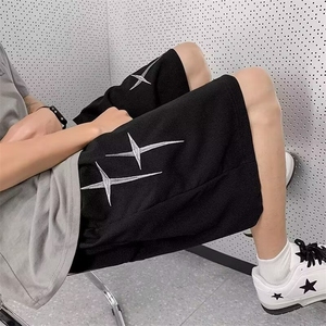 高街十字刺绣短裤男生夏季休闲外穿运动青少年五分直筒阔腿中裤子图片