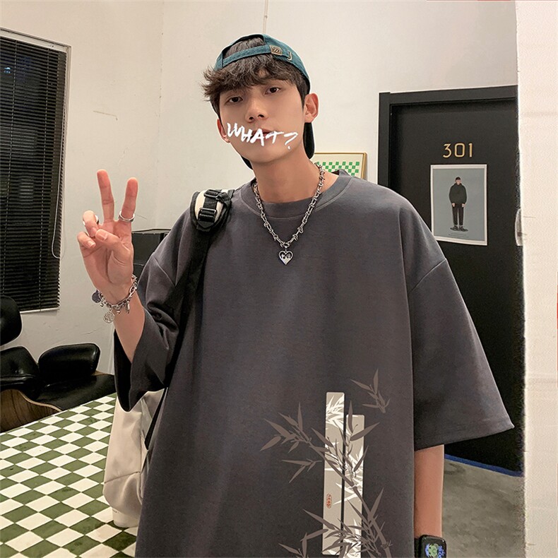 新中式t恤男夏季国风竹子印花全棉短袖大码oversize青少年5分半袖,男装T恤,电商A486