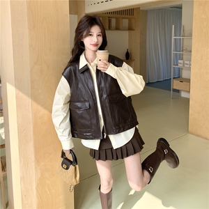 复古风咖色皮衣马甲衬衫套装女2026春新款减龄高级感小个子两件套图片
