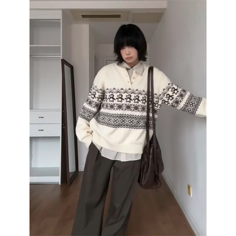 重磅秋冬装北极绒套头毛衣美式复古休闲慵懒风提花工艺针织衫外套,男装针织衫/毛衣,电商A486