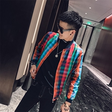 2021社会风春秋春装修身细方格撞色棒球领夹克B297-7190-P70，男装夹克，电商B297