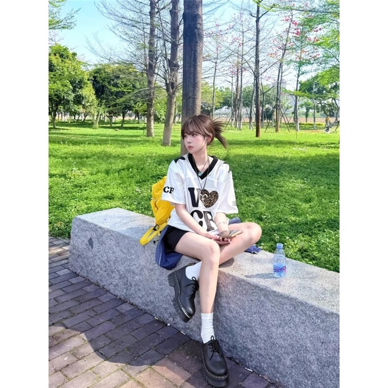 T198-P36美式运动t恤女夏季穿搭豹纹爱心球衣短袖复古,男装T恤,电商B323A