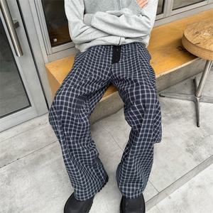 美式潮牌格子休闲裤男女秋季直筒阔腿长裤宽松拖地裤子BK066-p50,灰色牛仔上衣搭配什么颜色裤子好看吗图片