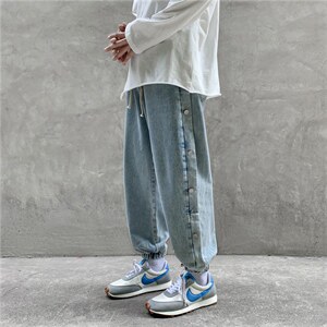 排扣牛仔裤男士宽松大码束脚复古老爹裤韩版运动休闲裤子现货主推图片