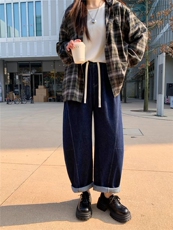 2025年秋季中腰百搭长裤系绳宽松塞拉弧线弯月裤，女装休闲裤，旺娇羊绒