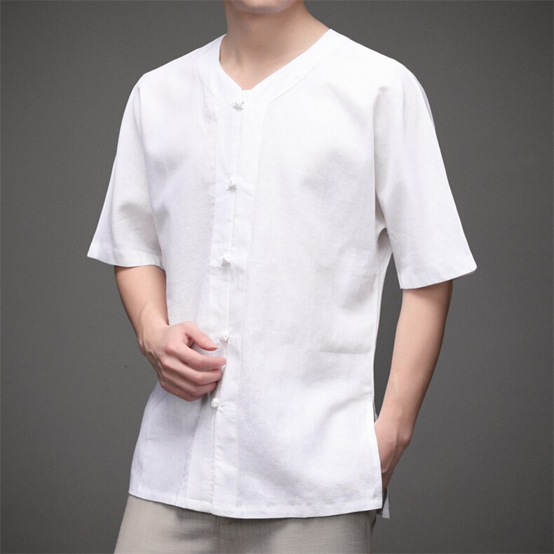 亚麻衬衫男短袖衬衣宽松男装风夏季棉麻男士纯色简约休闲上衣图片