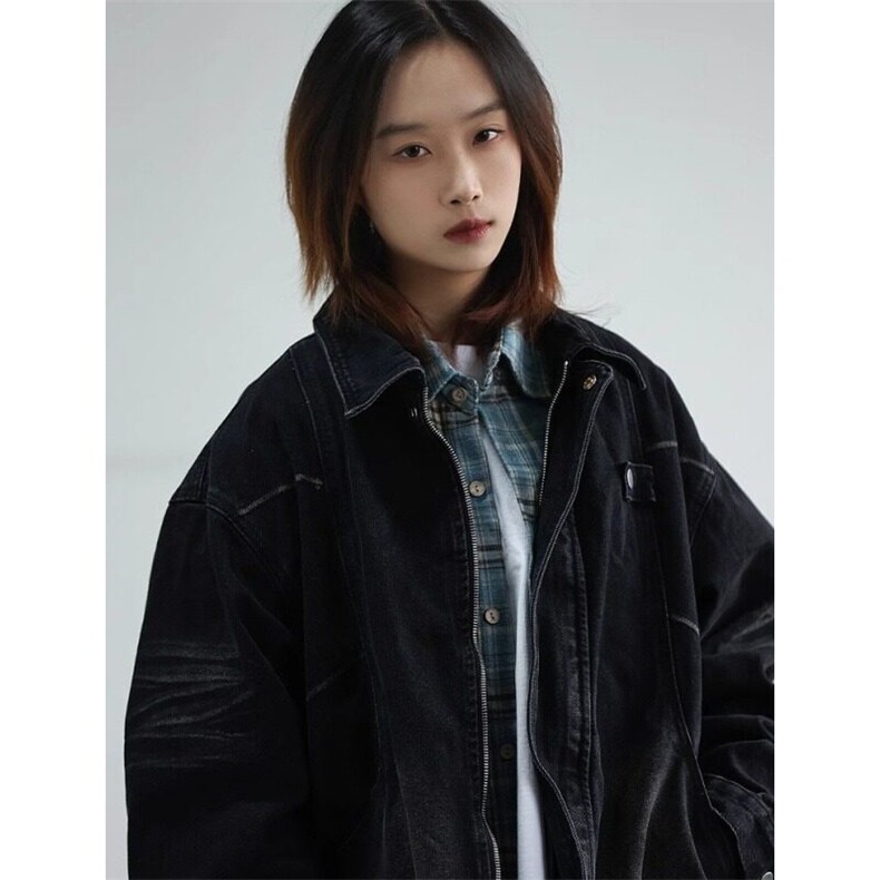 水洗美式复古做旧牛仔外套男女春秋季宽松百搭夹克上衣图片
