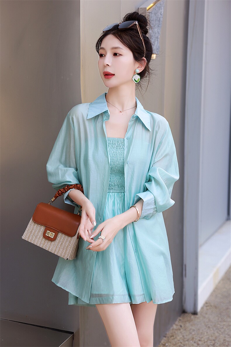天丝防晒套装女夏小个子休闲运动2024新款衬衫吊带连体短裤两件套,女装套装/套裙,韩蜜菓