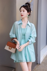 天丝防晒套装女夏小个子休闲运动2024新款衬衫吊带连体短裤两件套，女装套装/套裙，韩蜜菓