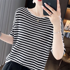 法式条纹冰丝针织短袖T恤女2025夏薄透气宽松显瘦上衣半袖t恤衫新，女装针织衫/毛衣，总能电商供货