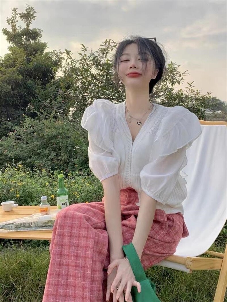 【现货】夏季新款针织拼袖短袖开衫韩版温柔风，其它，CHERRY·印