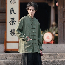 （大蛇）新中式风朝铜扣盘扣立领蛇年复古棉麻烫印长袖衬衫，男装衬衫，星座305A（原312A-1）